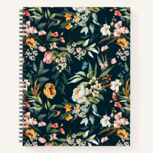 Dark Blue Vintage Style Garden Flower Pattern Notebook