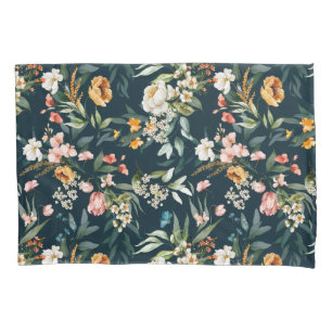 Dark Blue Vintage Style Garden Flower Pattern Pillowcase