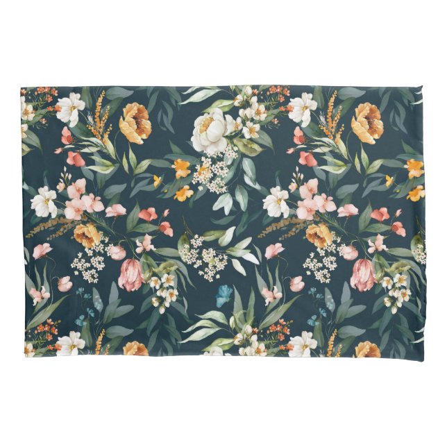 Dark Blue Vintage Style Garden Flower Pattern Pillowcase (Front)