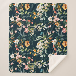 Dark Blue Vintage Style Garden Flower Pattern Sherpa Blanket
