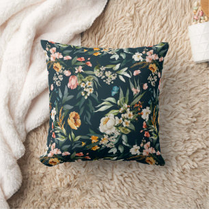 Dark Blue Vintage Style Garden Flower Pattern Throw Pillow