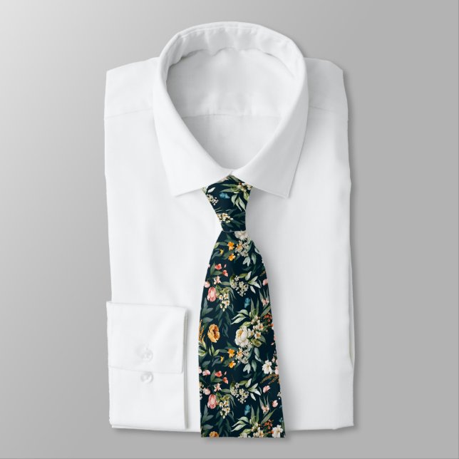 Dark Blue Vintage Style Garden Flower Pattern Tie (Tied)