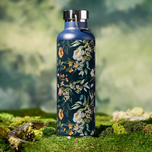 Dark Blue Vintage Style Garden Flower Pattern Water Bottle