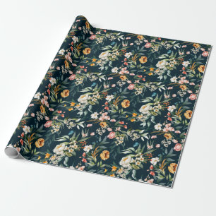 Dark Blue Vintage Style Garden Flower Pattern Wrapping Paper