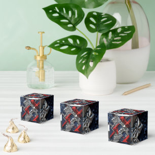 Dark Blue Vivid Red Silver Micro Mosaic 3D Favor Box