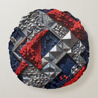 Dark Blue Vivid Red Silver Micro Mosaic 3D Round Pillow