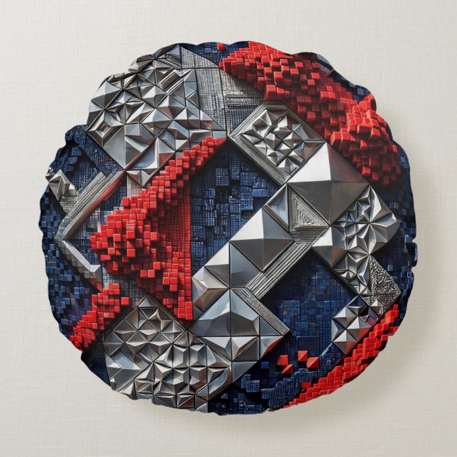 Dark Blue Vivid Red Silver Micro Mosaic 3D  Round Pillow (Front)