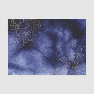 Dark  Blue Water colour with gold outlined flowers Tissue Paper