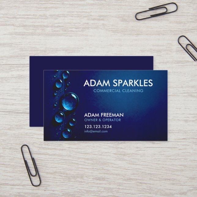 Dark Blue Water Drops Commercial Cleaning Business Card (Front/Back In Situ)