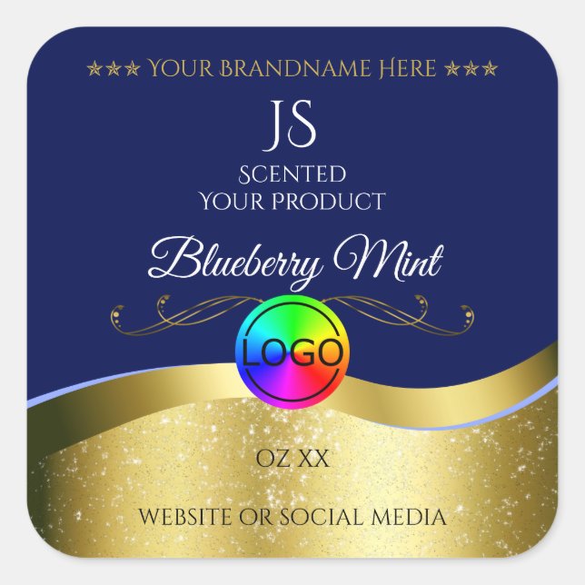 Dark Blue Wavy Gold Logo Monogram Product Label (Front)