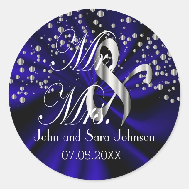 Dark Blue Wedding for the Mr & Mrs | Personalize Classic Round Sticker (Front)