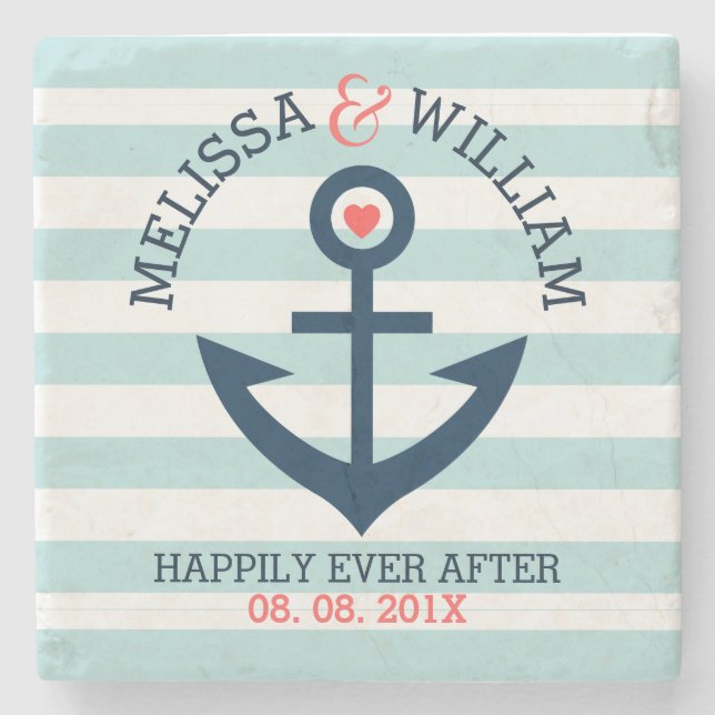 Dark Blue Wedding Nautical Anchor Mint Stripes Stone Coaster (Front)