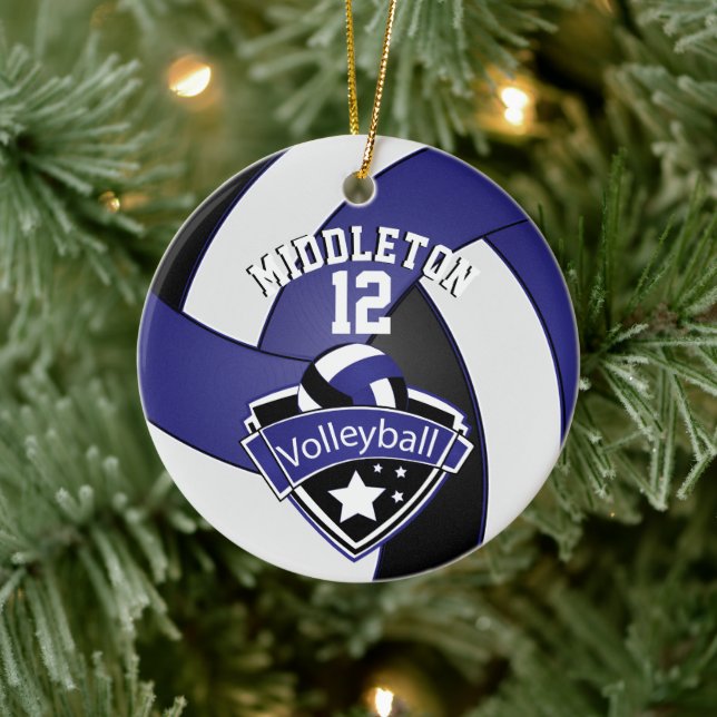 🏐 Dark Blue, White & Black Personalize Volleyball Ceramic Ornament (Tree)