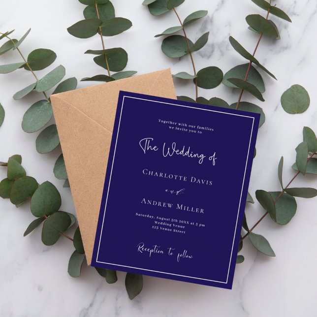 Dark blue white classic formal wedding invitation (Creator Uploaded)