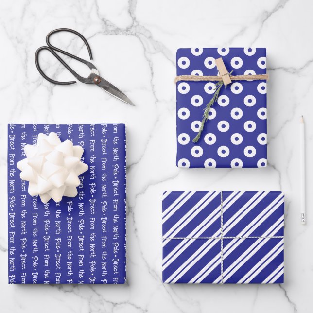Dark Blue & White Coordinated Christmas Wrapping Paper Sheet (Front)