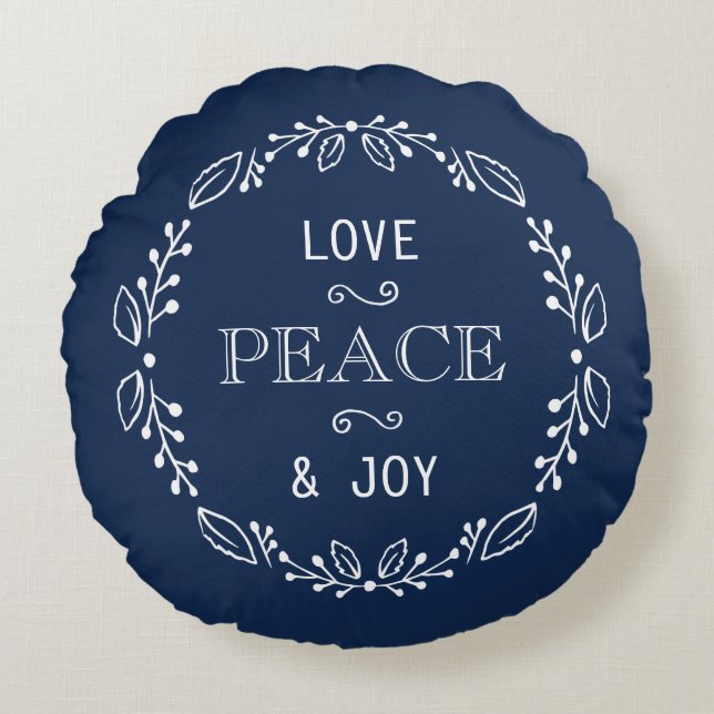 Dark Blue White Floral Holiday Peace Typography Round Pillow (Front)