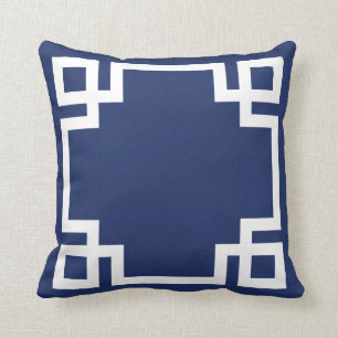 Dark Blue White Greek Key Throw Pillow