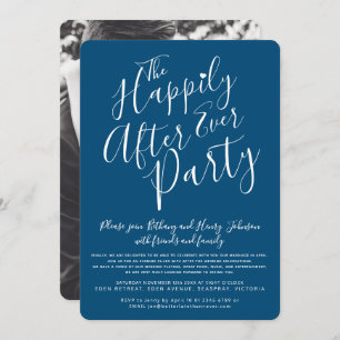 Dark blue white happily ever after wedding party invitation
