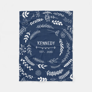 Dark Blue White Leaves Floral Monogram Pattern Fleece Blanket