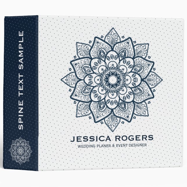 Dark Blue White Mandala & Dots Pattern Binder (Front/Spine)