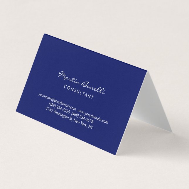 Dark Blue White Minimalist Script Plain Simple Business Card (Front)