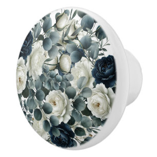 Dark Blue & White Modern Floral Greenery  Ceramic Knob
