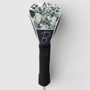 Dark Blue & White Modern Floral Greenery  Golf Head Cover