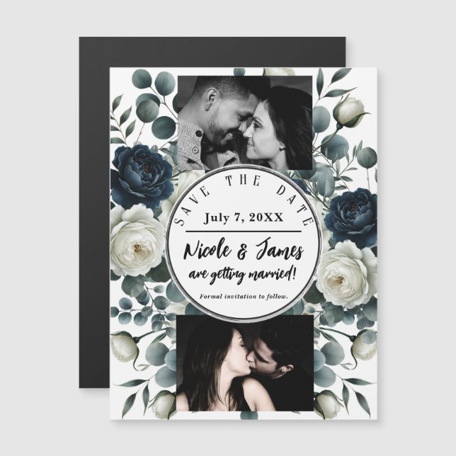 Dark Blue & White Modern Floral Greenery Save Date (Front/Back)
