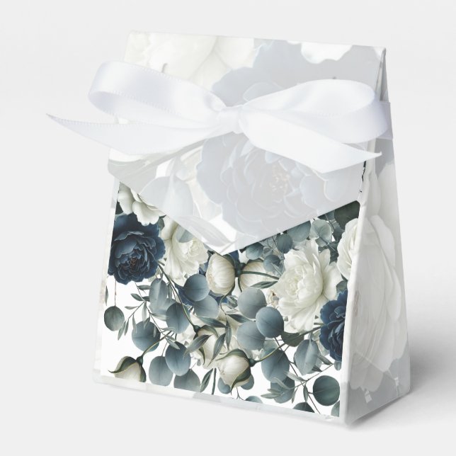 Dark Blue & White Modern Floral Greenery Wedding Favor Box (Front Side)