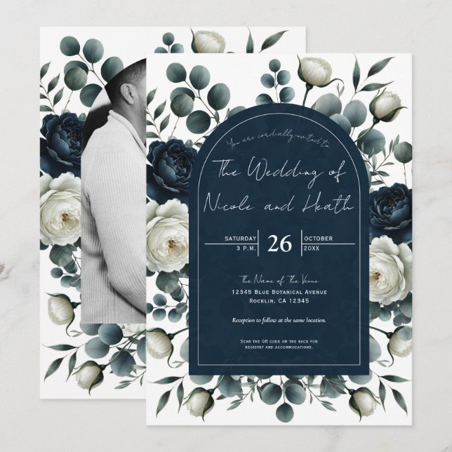 Dark Blue & White Modern Floral Greenery Wedding Invitation (Front/Back)
