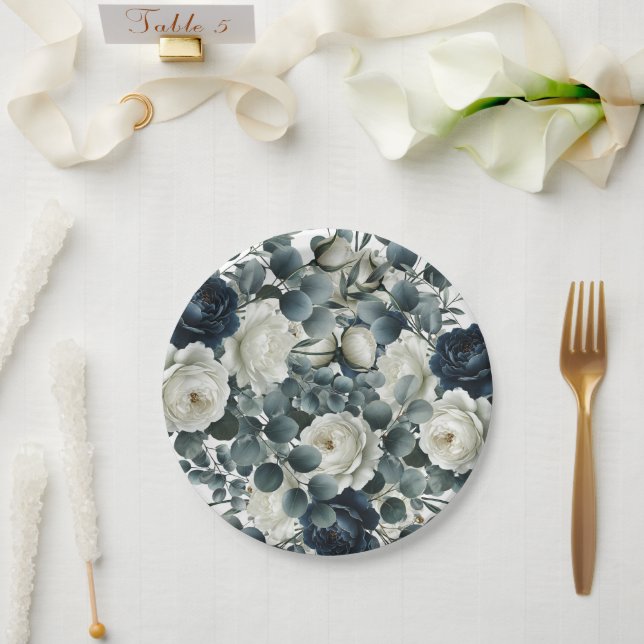 Dark Blue & White Modern Floral Greenery Wedding Paper Plate (Wedding)