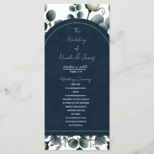Dark Blue & White Modern Floral Greenery Wedding Program