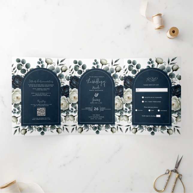 Dark Blue & White Modern Floral Greenery Wedding Tri-Fold Invitation (Inside)