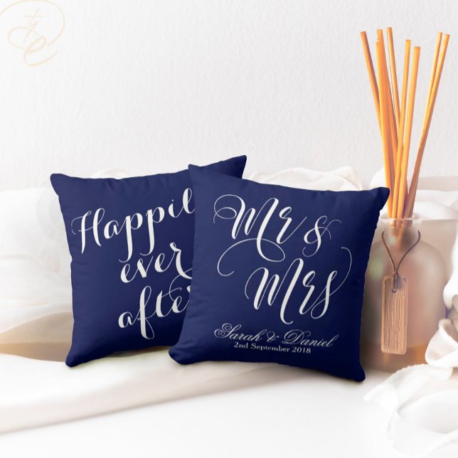 Dark Blue White Mr & Mrs Wedding Keepsake Pillow (Mr and Mrs wedding keepsake pillow, happily ever after design By TheDesignsEnchanted)