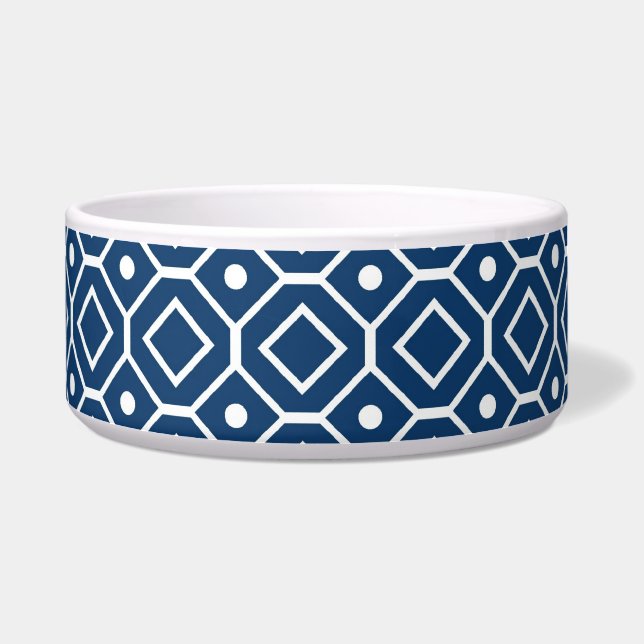Dark Blue White Pattern Custom Dog Bowl (Left)