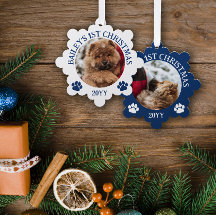 Dark Blue White Paw Prints Puppy's 1st Christmas