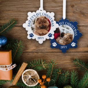 Dark Blue White Paw Prints Puppy's 1st Christmas Ornament Card
