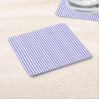 Dark Blue White Pinstripe Square Paper Coaster