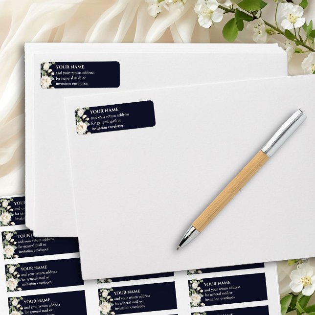 Dark Blue White Roses Return Address (Return Address label from the Princess Dress and Roses Quinceanera collection by Darling & May)