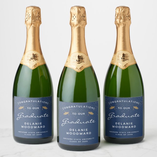 Dark Blue White Script Gold Cap Graduation Sparkling Wine Label (Bottles)
