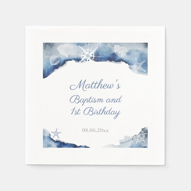 Dark Blue & White Seashells Baptism Birthday Party Napkin (Front)