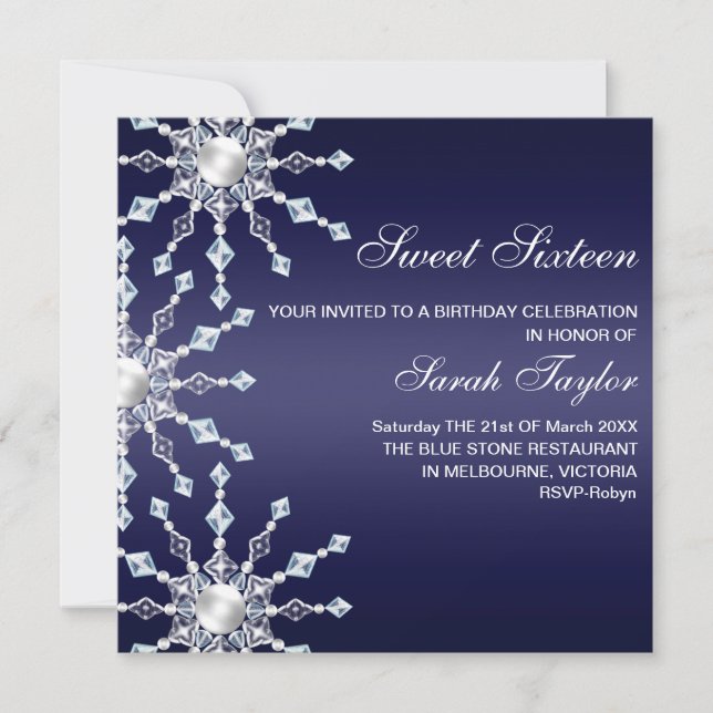 Dark Blue/White Shimmer Snowflake Birthday Invite (Front)
