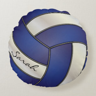 Dark Blue & White Sport Volleyball   DIY Name Round Pillow