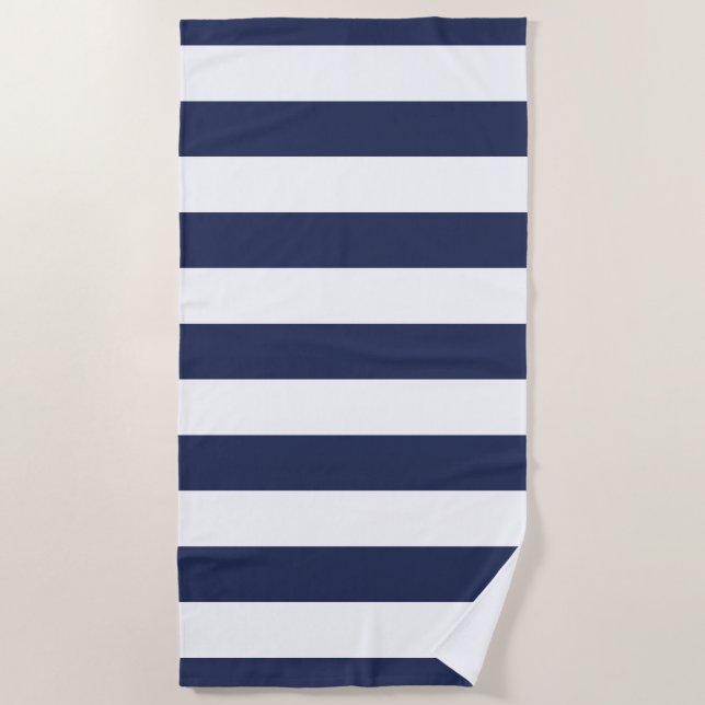 Dark Blue White Striped Pattern Beach Towel (Front)