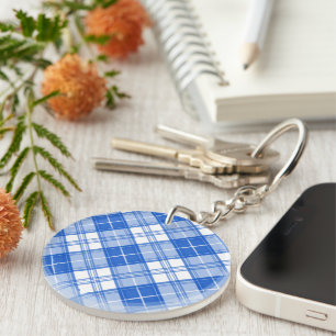 Dark Blue White Tartan Pattern yxm0uat9 diagonal Keychain