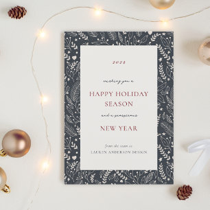 Dark Blue Winter Botanicals Business Holiday Card