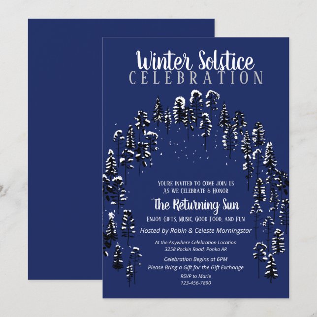 Dark Blue Winter Solstice Yule Snow Forest Party Invitation (Front/Back)