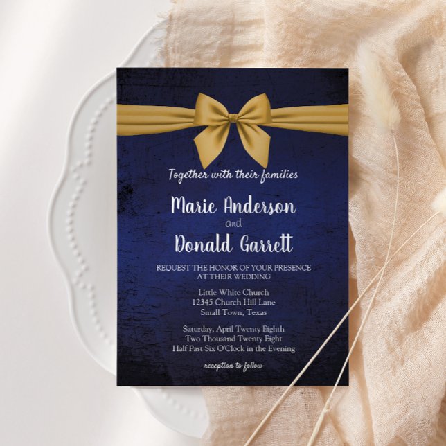 Dark Blue with Gold Bow Wedding Invitation (Creator Uploaded)