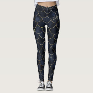 Dark Blue with Gold Scales Personalized Mermaid  Leggings