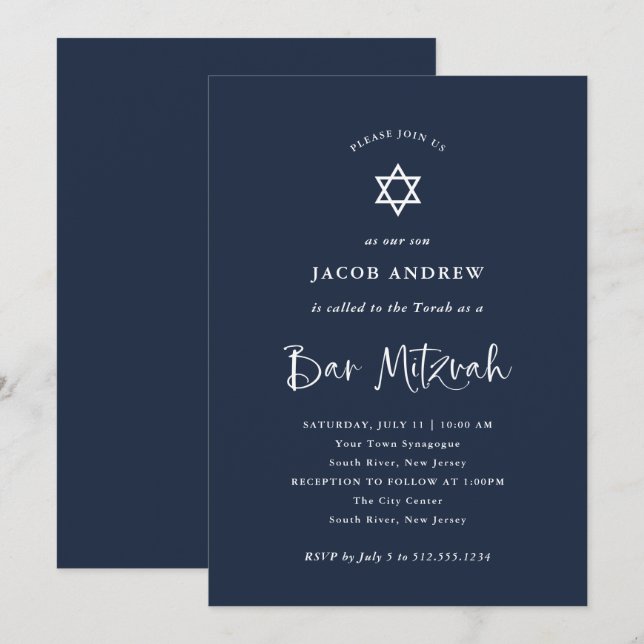 Dark Blue with White Calligraphy | Bar Mitzvah Invitation (Front/Back)